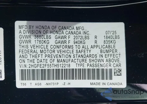 2026 Honda Civic Sport from USA, damaged, VIN 2HGFE2F55TH512218